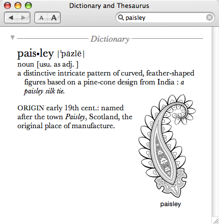 Screenshot of OS X Tiger's Dictionary entry for Paisley