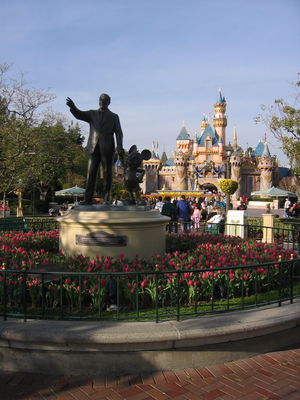 Walt Disney and Mickey statue in front of Sleeping Beauty's castle, Disneyland
