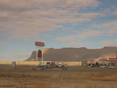 Truck stop seen from the California Zephyr train

