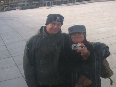Nigel and Vic reflected in the Cloud Gate sculpture in Millenium Park, Chicago
