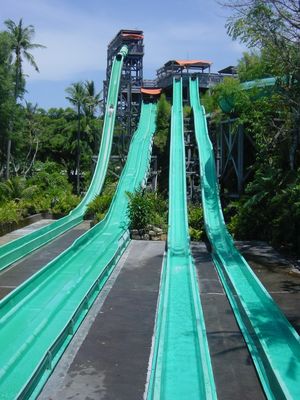 The big slides at Waterbom
Waterbom (pronounced "Waterboom") is a water park in Kuta. 
