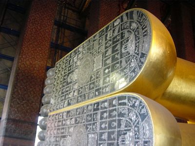 The feet of the Reclining Buddha, Wat Po, Bangkok. They are inlaid with mother of pearl
