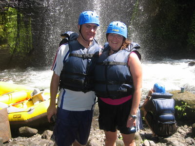 Vic and Nigel at Telaga Waja
Halfway through the rafting trip, in front of a waterfall.
