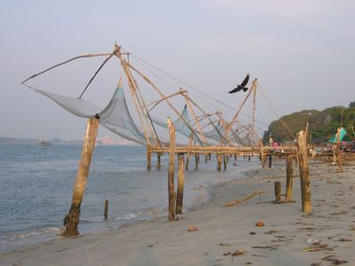 Chinese fishing nets, Kochi (Cochin), Kerala
Vic thought she did a good job of capturing the crow in flight. The crows sit around eating what ever washes up on the shore.
