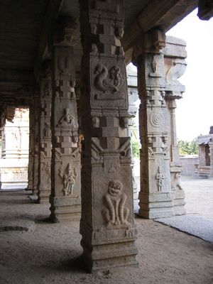 Carved pillars, temple in Hampi
