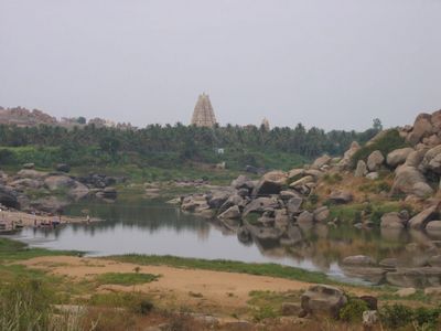 View of the temple in Hampi Bazar from the river
