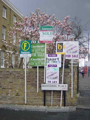 "For Sale" signs, Belvedere Road, Acre Lane, Brixton
