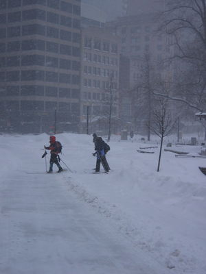 Skiers on Boston Common during Blizzard of 2006
