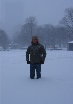 Nigel demonstrates the snow depth on Boston Common
