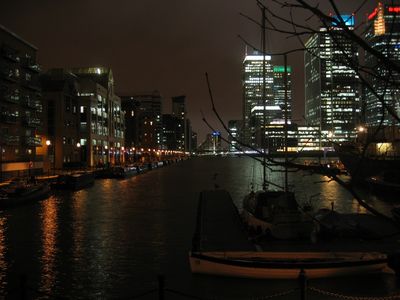 Canary Wharf at night from our new flat
West India Dock is just outside our window.
