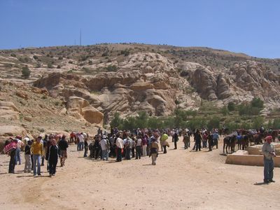By the entrance to The Siq
The crowd of people are crowded round a tourist who was thrown from a horse.
Keywords: Petra