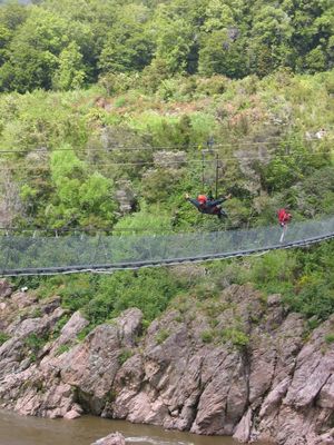 Some fool flies the flying fox back over the river at the Buller Gorge Swingbridge
