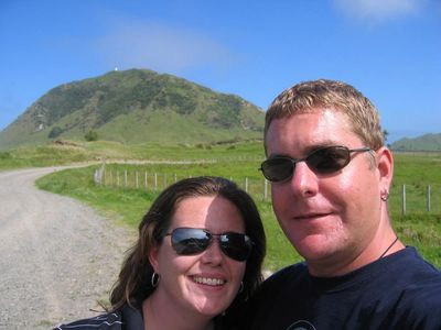 Vic and Nige at East Cape
The lighthouse on the top of the hill in the background is the most easterly lighthouse in the world.
